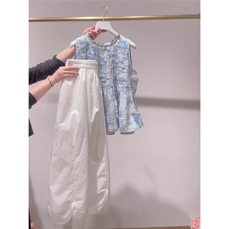 レディース 夏 ペティート セットアップ ブルー ブラウス ホワイト ミディスカート カジュアル 爽やか コーディネート 軽量 吸湿速乾｜フェイスフル　店