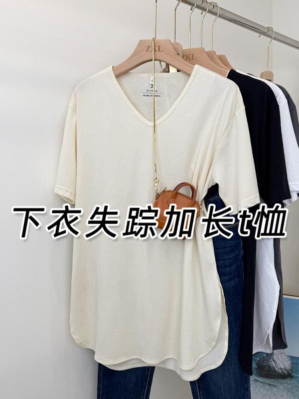 レディース 夏用 ゆったり Vネック 半袖 Tシャツ ロング丈 丸弧 サイドスリット ビッグシルエット カジュアル トップス 普段使い ルーズフィット