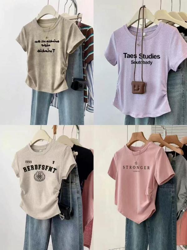 レディース Tシャツ 夏用 丸首 短袖 ビッグシルエット スリム見え 韓国風 トレンド デザイン 軽量 伸縮性 吸湿速乾 トップス カジュアル 普段使い 部屋着(x30)