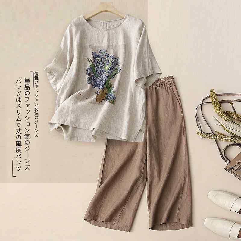 レディース 夏用 綿麻 セットアップ 短袖 Tシャツ 2点セット ビッグサイズ カジュアル ミドルエイジ 通気性 軽量 吸湿速乾 リラックスフィット