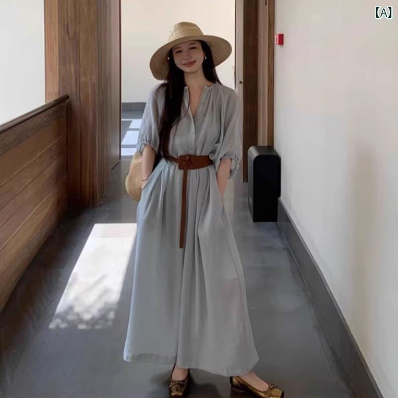 レディース ワンピース フランス風 ブルー 夏 海辺 リゾート 収腰 ロングドレス 小柄 対応 軽やか コットン 混 ベーシック コーデ