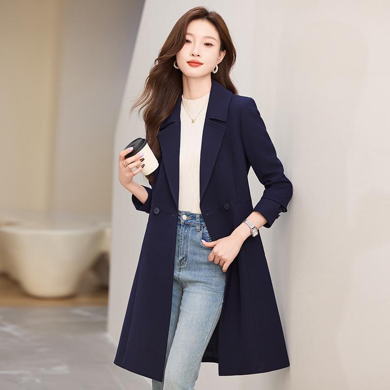 トレンチコート レディース 秋 中長丈 ブルー スリムフィット 上品 韓国スタイル 大きめサイズ カジュアル 通勤用 エレガント ミドル丈 ウインドコート 軽量 スタイリッシュ