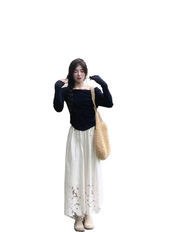 レディース 長袖 オフショルダー リボン トップス フレンチ ミディスカート セット 普段使い エレガント スタイル カジュアル コーディネート ブラウス ハーフスカート