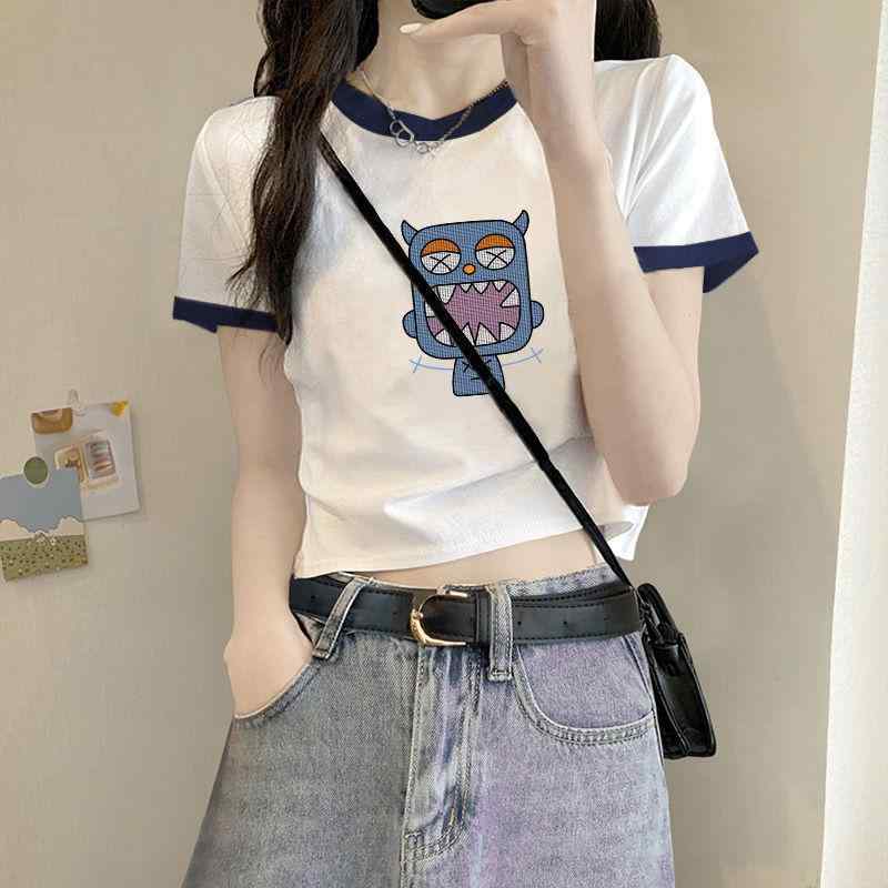 レディース 夏 ショートスリーブ Tシャツ コントラストカラー 切り替え 甘辛 かわいい セクシー ショート丈 カジュアル トップス(x2)