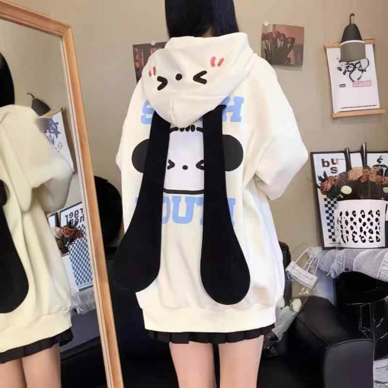 レディース フード カーディガン かわいい 長耳 犬 プリント ゆったり ラフ スタイル 春秋 薄手 コットン 混 トップス アウター 普段使い 軽量