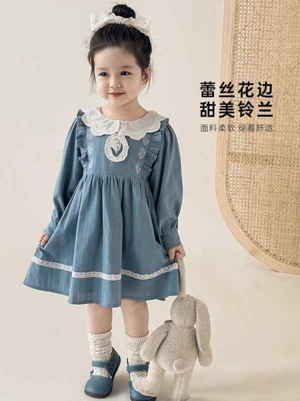 女の子用 ワンピース レース 花辺 フリル レトロ プリンセスドレス イギリス風 秋 子供服 かわいい デザイン 膝丈 コットン混 軽やか シルエット