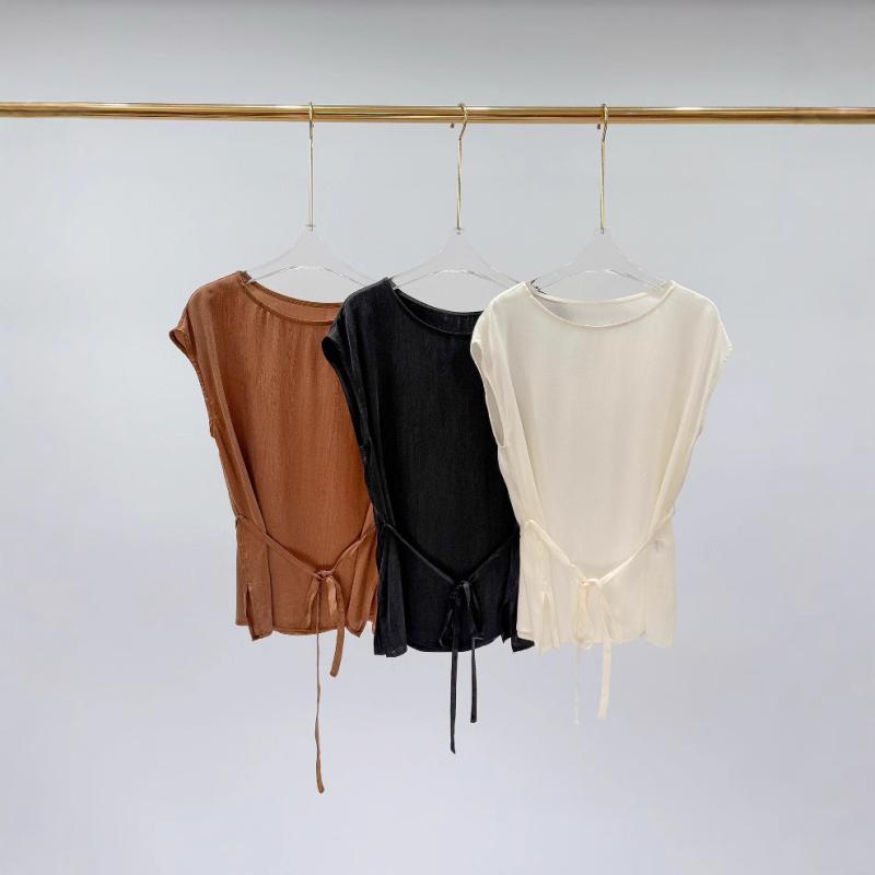 レディース 夏 短袖 Tシャツ トップス 再生繊維 シワ加工 プリーツ ウエストシェイプ スリム 紐付き オフショルダー 袖 デザイン 軽量 伸縮性 吸湿速乾 普段使い 通勤 かわいい 気質 上品 高級感