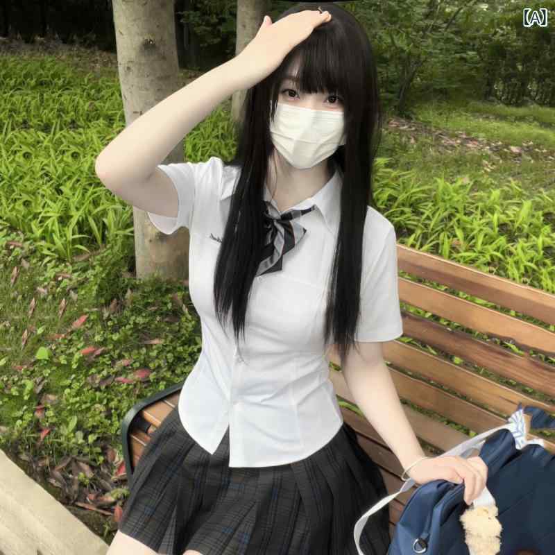 レディース 短袖 シャツ 収腰 デザイン かわいい JK スタイル 秋夏 学院風 日系 学生服 トップス 通学用 カジュアル フィット感