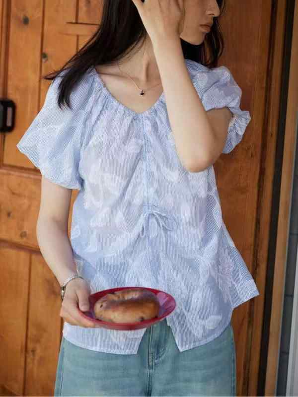レディース シャツ フレンチ ストライプ 切り抜き 花柄 リボン Vネック パフスリーブ 夏用 レトロ トップス ブラウス 軽量 涼しい 女性用 日常使い
