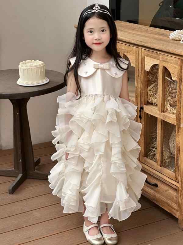 プリンセスドレス 子供 女の子 春夏 シンプル シャンパンカラー ドールカラー フリルスカート 誕生日パーティー用 かわいい デザイン