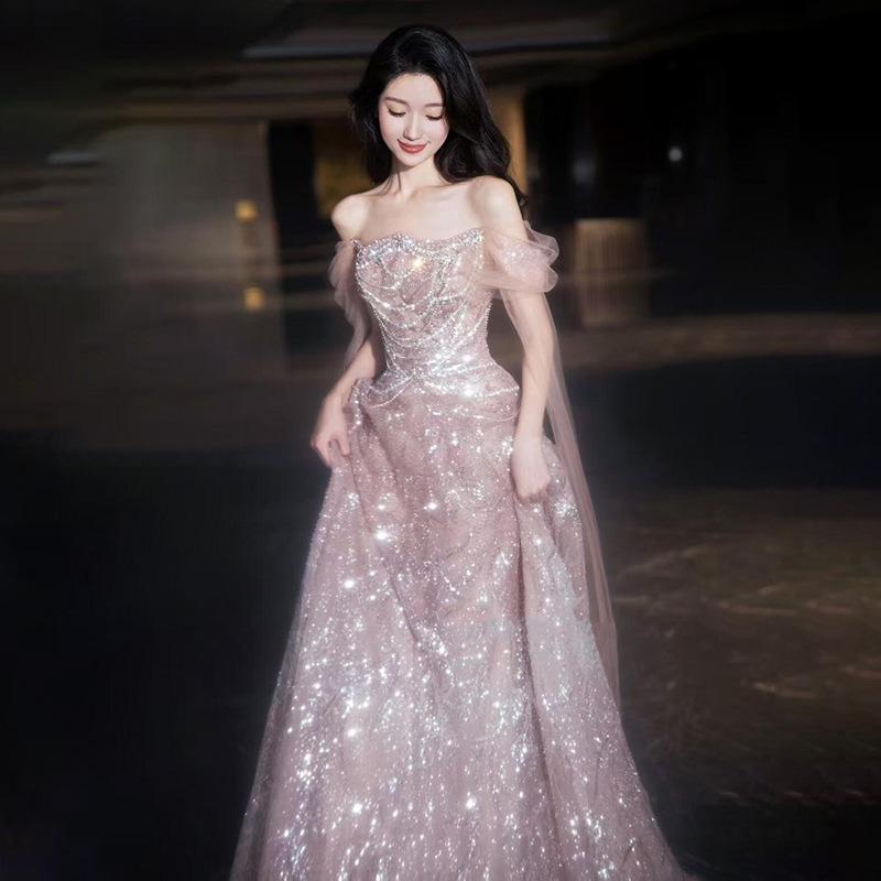 レディース ピンク スパンコール イブニングドレス プリンセス スカート パーティー ワンピース 卒業式 成人式 誕生日 婚約 フォーマル 輝く デザイン かわいい スタイル