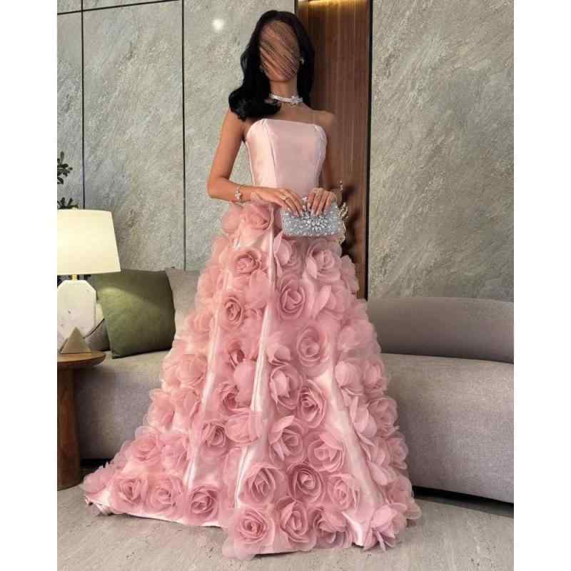 レディース パーティードレス ストラップレス ロング丈 立体フラワー イブニング ワンピース 高級感 エレガント フォーマル 気質 誕生日用 華やか