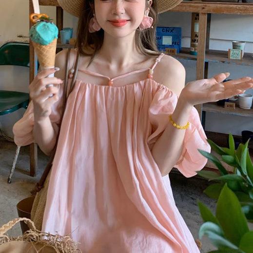 ワンピース レディース ガーリー 春夏 ボートネック 肩出し 短袖 二way ピンク 旅行用 ソフト かわいい 軽やか 日常使い