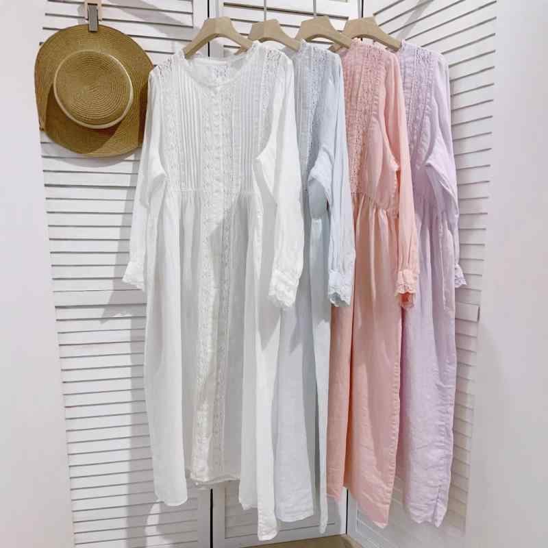 ワンピース レディース 春 ラミー麻 立襟 レース 透け 切り替え シングルボタン かわいい クラシック 通気性 軽量 フェミニン(x2)
