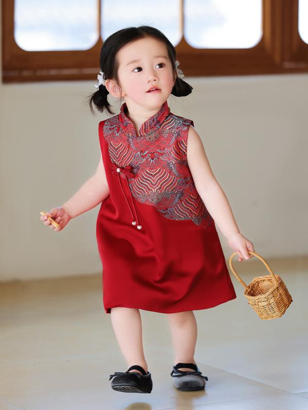 ベビー 女の子 チャイナドレス 夏用 赤 プリンセスドレス ワンピース 誕生日パーティー用 1歳記念 かわいい デザイン 通気性 綿素材