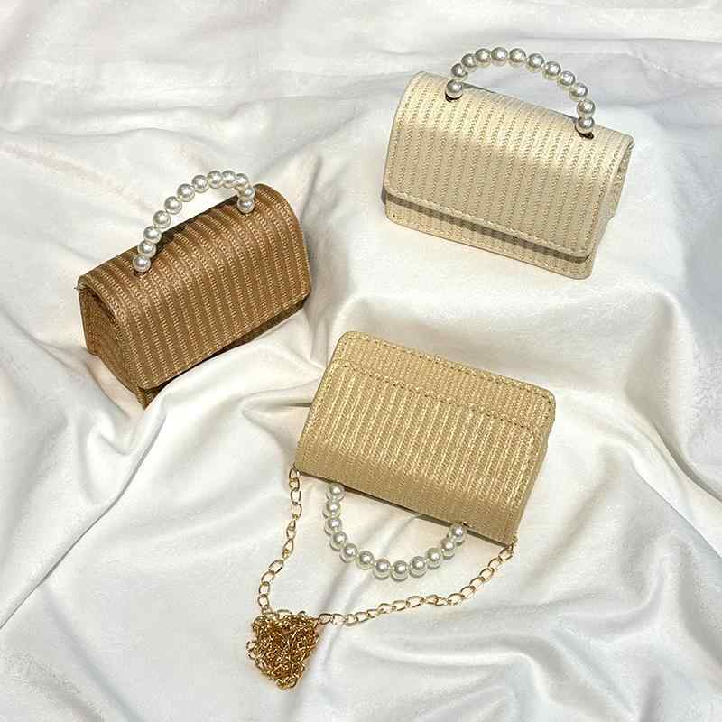 ラタン ハンドバッグ レディース シンプル パール 装飾 草編み ショルダー 2way チェーン ストラップ リゾート バカンス 合わせやすい 鞄 ナチュラル 素材 軽量 夏 コーディネート(x120)