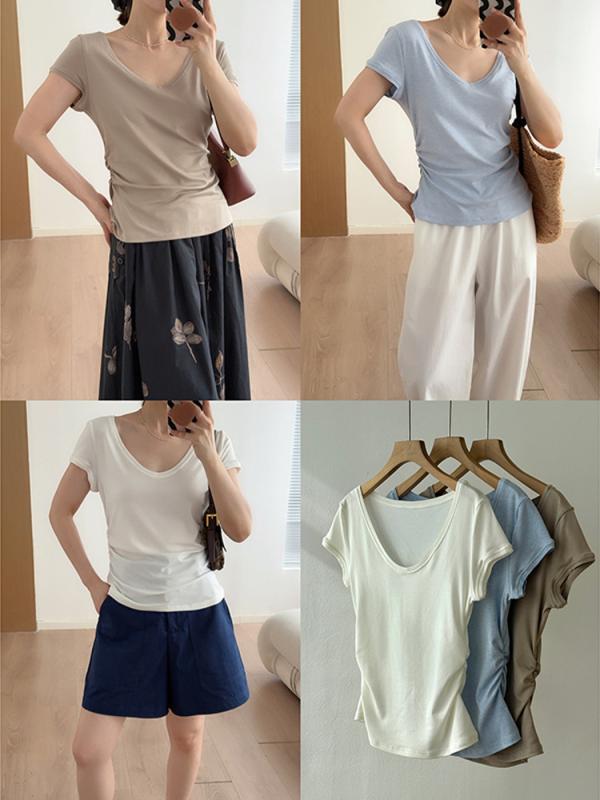Tシャツ レディース 夏 Vネック 半袖 トップス フレンチクラシック 気質 百搭 ウエストシェイプ スリム 立体プリーツ リヨセル ウール 再生繊維 軽量 吸湿速乾 カジュアル|フェイスフル 店