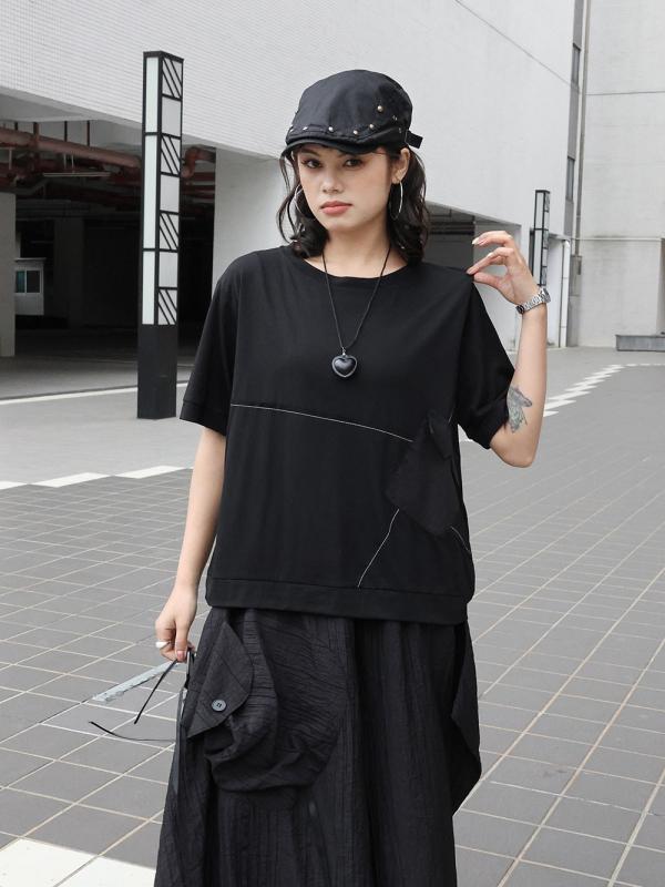 春夏 短袖 Tシャツ スリム デザイン 大型ポケット 切り替え ステッチ スタイリッシュ カジュアル トップス ユニセックス(x2)