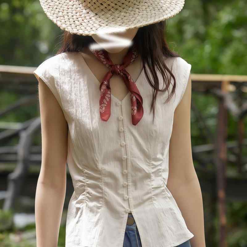 ノースリーブ シャツ レディース Vネック プリーツ ウエストシェイプ フレンチスタイル 夏用 デザイン トップス スリム 軽量 吸湿速乾 普段使い