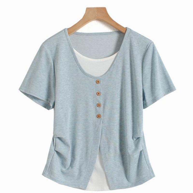 Tシャツ レディース 夏用 フレンチスタイル プリーツ ウエストシェイプ フェイクツーピース 半袖 トップス ブルー 軽量 伸縮性 吸湿速乾 正肩 短め丈 カジュアル 普段使い