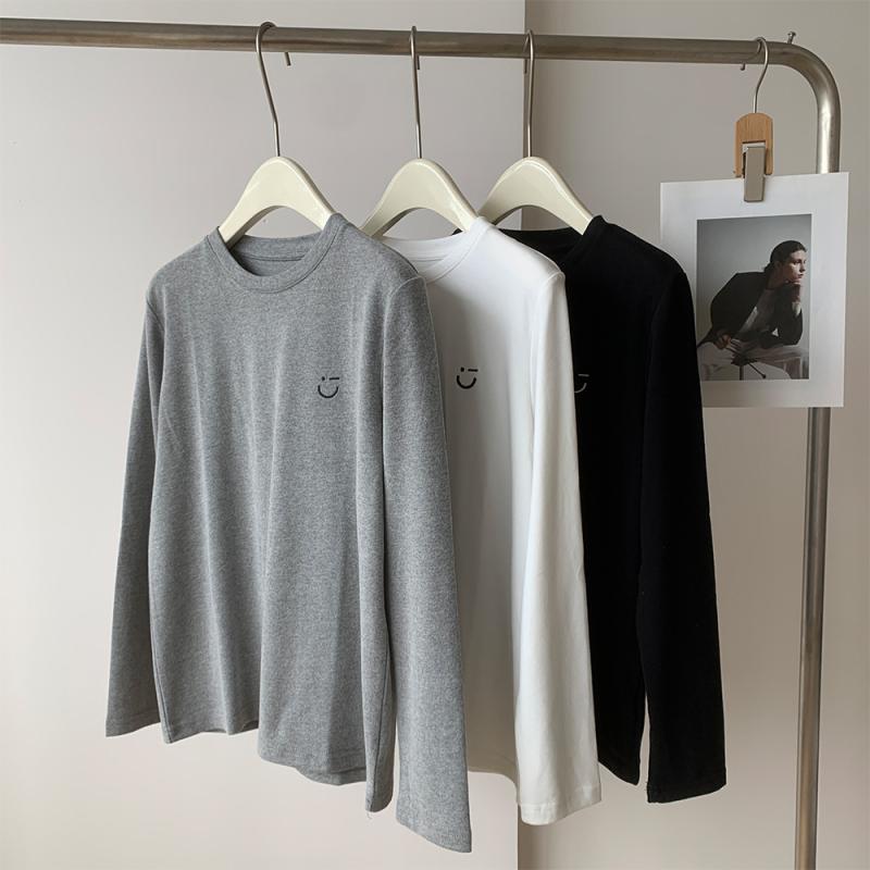 レディース 長袖 Tシャツ トップス 刺繍 笑顔 無地 起毛 暖か 厚手 春秋 カジュアル 普段使い インナー レイヤード コーディネート(x2)