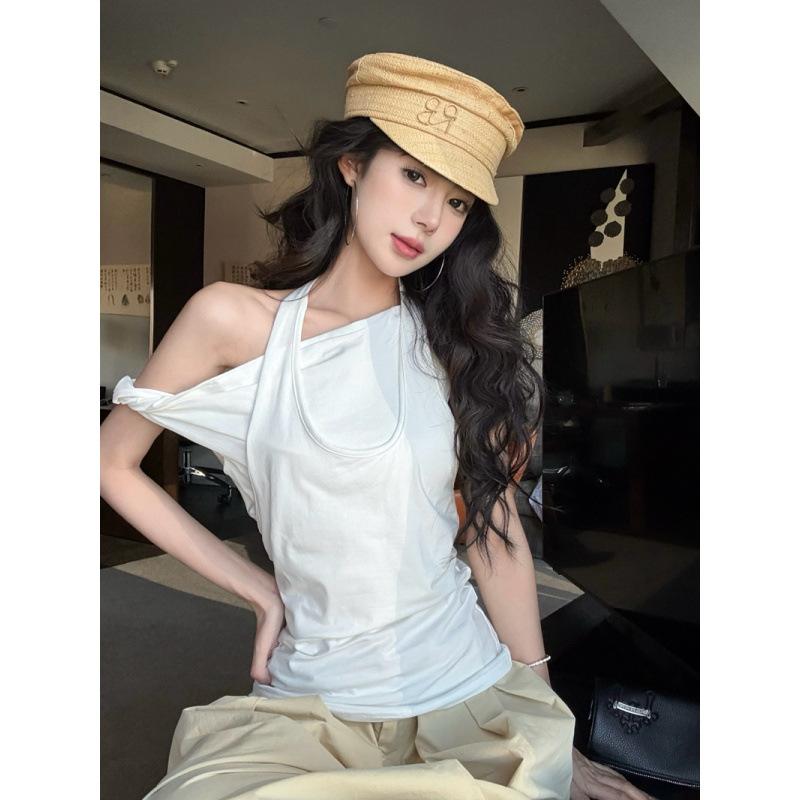 レディース Tシャツ 夏用 オフショルダー 不規則プリーツ ウエストシェイプ 肩出し ボートネック 斜め肩 二着用 トップス カジュアル 普段使い 軽量 伸縮性 吸湿速乾 ブラック ピンク系 アイボリー