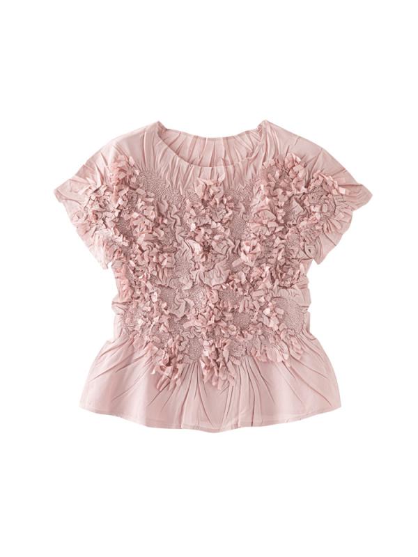レディース 短袖 Tシャツ 夏用 プリーツ 立体花 デザイン 通勤 スリムフィット ボディコンシャス トップス エレガント 軽量 吸湿速乾 かわいい スタイル