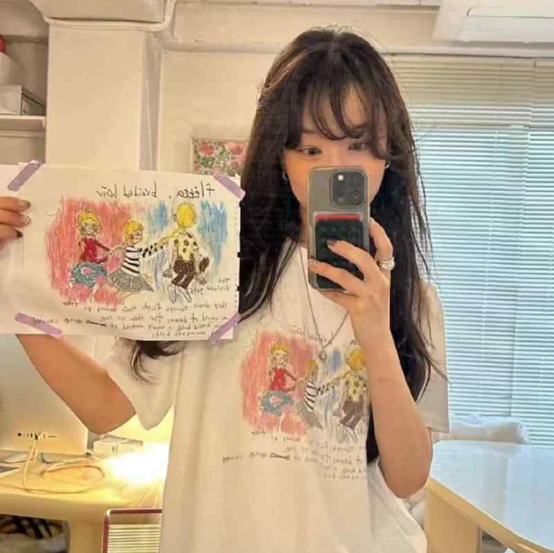 Tシャツ 女の子 クルーネック 編み込み プリント かわいい 春夏 カジュアル トップス コットン 素材 日常使い(x2)