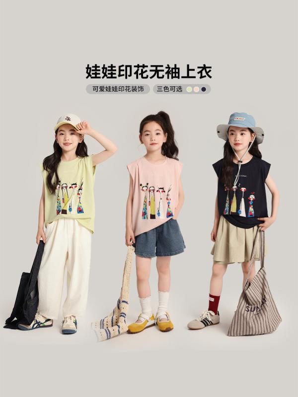 Tシャツ 女の子 夏用 ノースリーブ プリント柄 子供服 ファッション 百搭 かわいい 普段使い 軽量 綿素材 ビッグシルエット(x2)