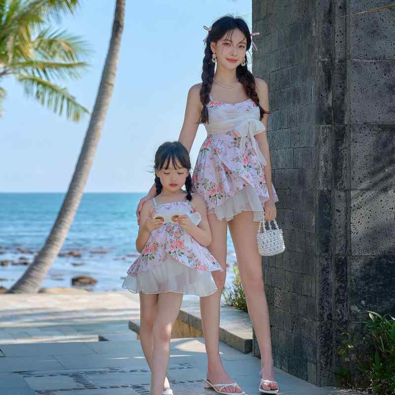 水着 キッズ 女の子 親子 ワンピース スカート プリンセス かわいい 夏用 ビーチ 海水浴 ガーリー 伸縮性 プール遊び(x2)