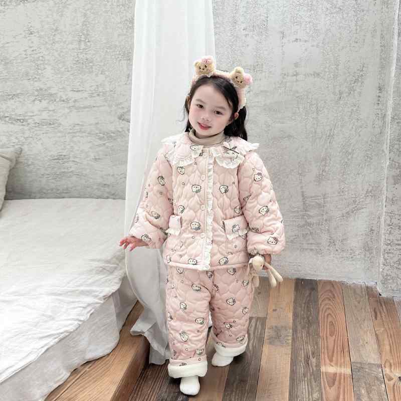 子供 パジャマ セット 女の子用 冬用 暖か 厚手 綿入り 部屋着 コットンコード 生地 かわいい カートゥーン 柄 ふんわり 着心地 柔らかい 素材 家庭用 寝間着