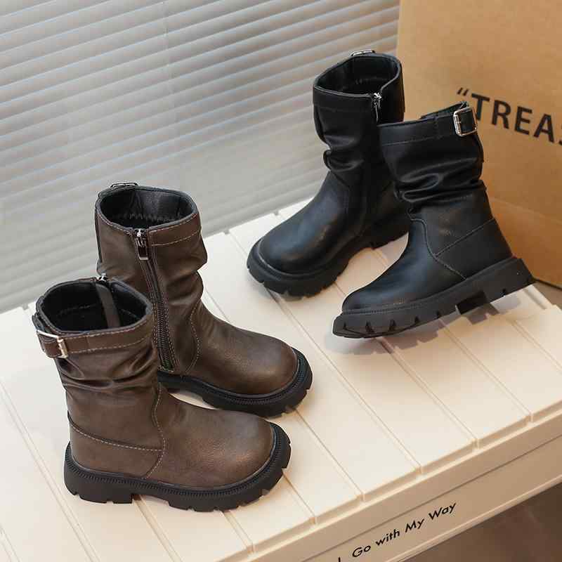ブーツ キッズ 女の子用 厚底 増高 中筒 秋冬 起毛 レトロ ショート 暖か ファッション 軽量 伸縮性 普段使い アウトドア デニム ハイカット ブラウン系 ブラック(x2)