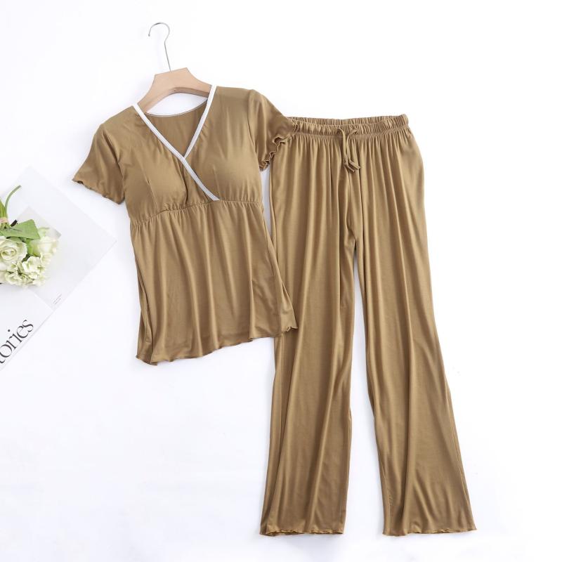 妊婦服 授乳 半袖 ロングパンツ セット 夏 Vネック レース カジュアル 家居服 外出着 モダール素材 柔らかい 快適 通気性 軽量 伸縮性(x2)