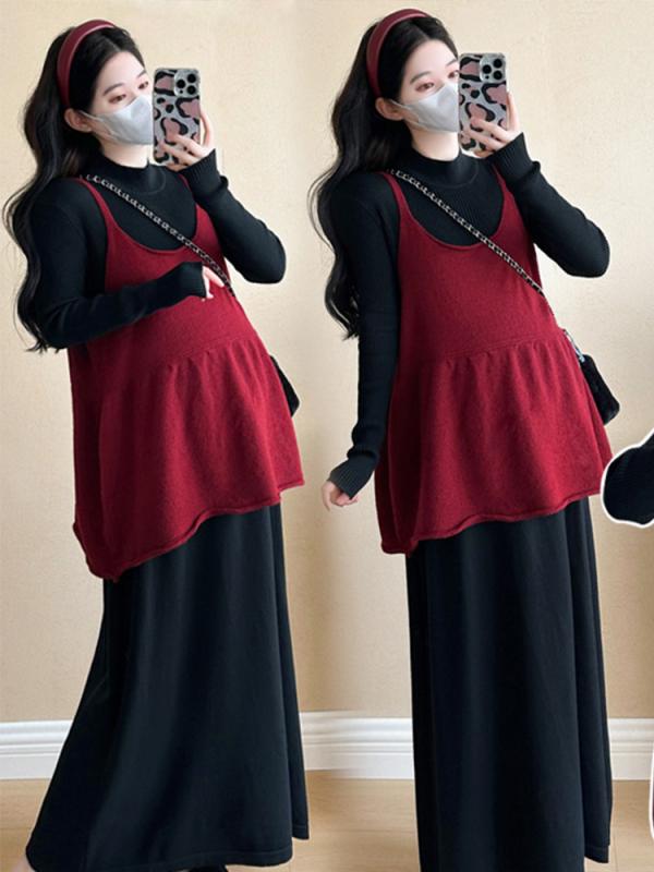マタニティ 秋冬 ニット ベスト 付き 吊り帯 ワンピース セット 柔らかい 素材 妊婦服 インナー トップス 普段使い 伸縮性 快適 デザイン
