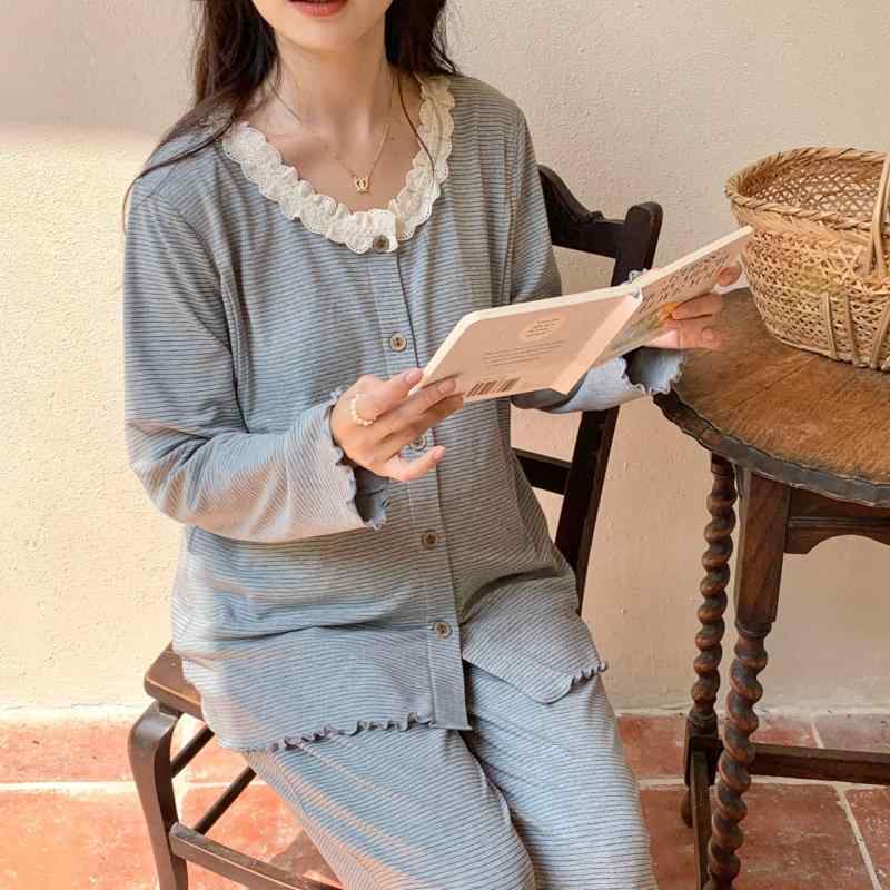 パジャマ 妊婦用 産後服 長袖 ストライプ フリース付き ホームウェア セット 授乳対応 部屋着 暖か 伸縮性 綿混 ゆったりシルエット 秋冬 通勤後 リラックス(x3)