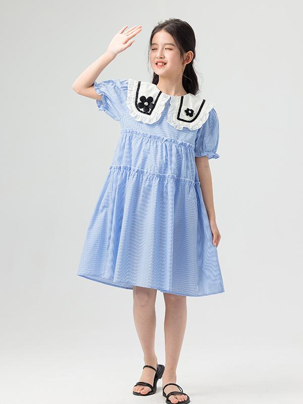 ワンピース 女の子用 プリンセススカート 千鳥格子柄 大襟 フレア 夏用 軽やか スタイリッシュ ラインストーン 装飾 子供服 通学 普段使い