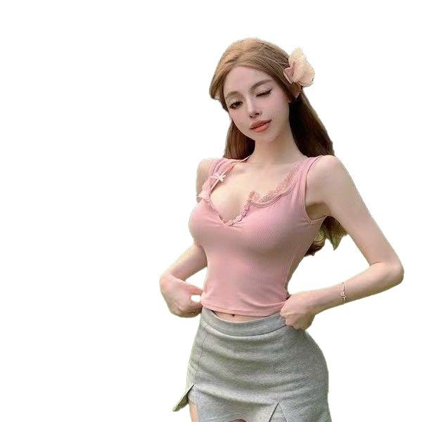 キャミソール レディース かわいい レース 切り替え フリル リボン ストラップ インナー トップス アウター スリムフィット ショート丈 セクシー スタイル ボディコン 軽量 伸縮性