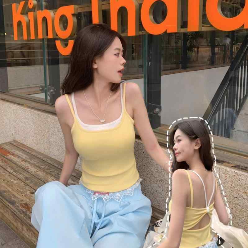 キャミソール レディース 夏 フェイクレイヤード レース バックレス パッド入り 細ストラップ ビーチ ショート丈 トップス 透け感 軽量 伸縮性 吸湿速乾 ビッグシルエット|フェイスフル 店