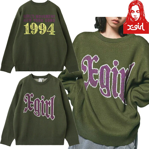 エックスガール X-girl SCRATCHED LOGO JACQUARD KNIT TOP ロゴ ジャガード ニット トップス セーター レディース ストリート ブランド 新品 正規品|FAITHSTORE