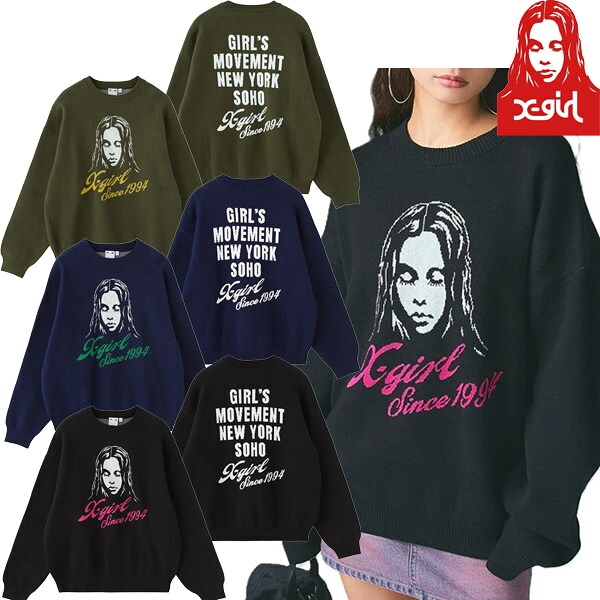 エックスガール X-girl CURSIVE LOGO AND FACE JACQUARD KNIT TOP カーシブロゴ フェイス ニット セーター 顔 女の人 ブランド 新品 正規品|FAITHSTORE