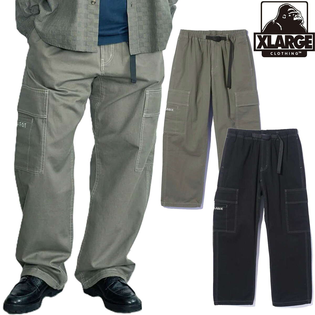 【予約】XLARGE エクストララージ STITCHED RESORT CARGO PANTS カーゴパンツ ワイドパンツ ベルト付き ウエストゴム 刺繍ロゴ ステッチ メンズ ストリート カジュアル 101263031007 正規品｜FAITHSTORE
