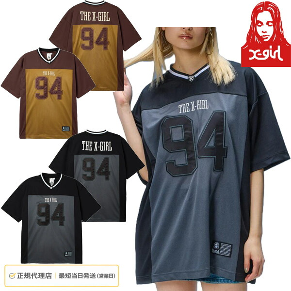 エックスガール X-girl レディース FACE LABEL FOOTBALL TEE DRESS Tシャツワンピース 半袖 メッシュ 刺繍 ワッペン 105262041001 の商品写真