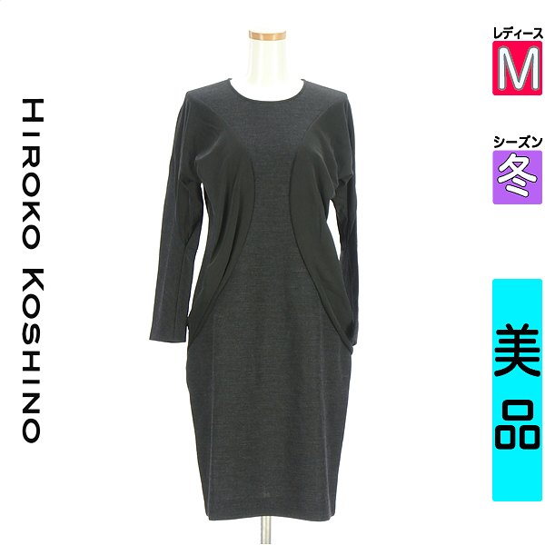 ＼赤字覚悟★50%OFFクーポン対象／ ヒロココシノ HIROKO KOSHINO ワンピース チュニック レディース 冬 長袖 ブラック M 異素材切替膝下ストレッチワンピース 【中古】【古着】【大幅値下】｜ブランド古着のファレット