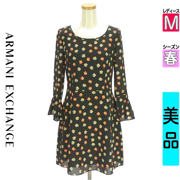 ＼今だけ★全品ポイント10倍／ アルマーニ エクスチェンジ ARMANI EXCHANGE ワンピース チュニック レディース 春 長袖 ブラック M シアーチェック×花柄膝上ワンピース 【中古】【古着】【大幅値下】お買い物マラソン