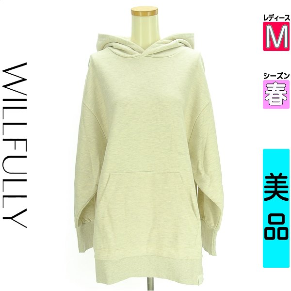 ＼期間限定★20%OFFクーポン／ ウィルフリー WILLFULLY スウェット パーカー レディース 春 長袖 ベージュ M レザータグ付きミドル丈フーディ 【中古】【古着】【セール】お買い物マラソン