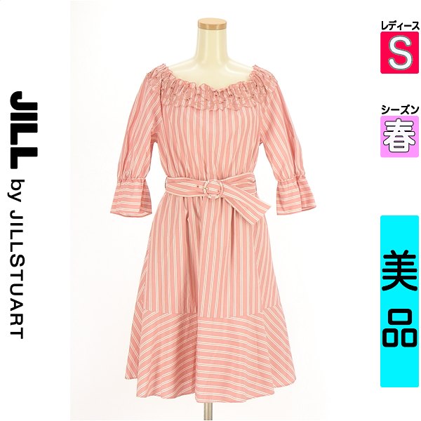 ＼今だけ★全品ポイント10倍／ ジルバイジルスチュアート JILL by JILLSTUART ワンピース チュニック レディース 春 長袖 ピンク S 花柄刺しゅうフリル襟ストライプ柄ワンピース 【中古】【古着】【セール】