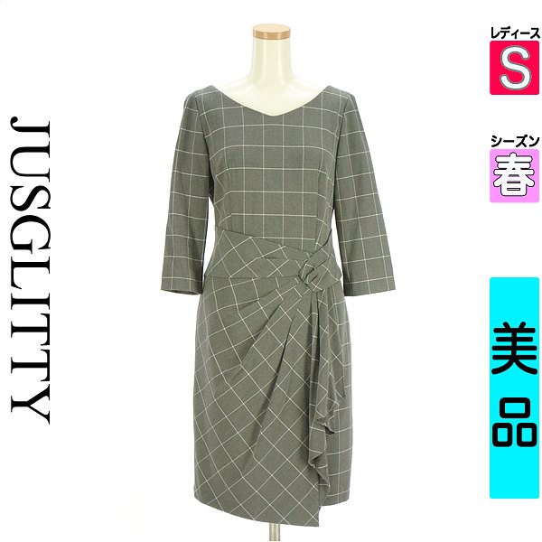 ＼期間限定★20%OFFクーポン／ ジャスグリッティー JUSGLITTY ワンピース チュニック レディース 春 長袖 グレー S チェック柄ドレープ膝丈ワンピース 【中古】【古着】【セール】お買い物マラソン