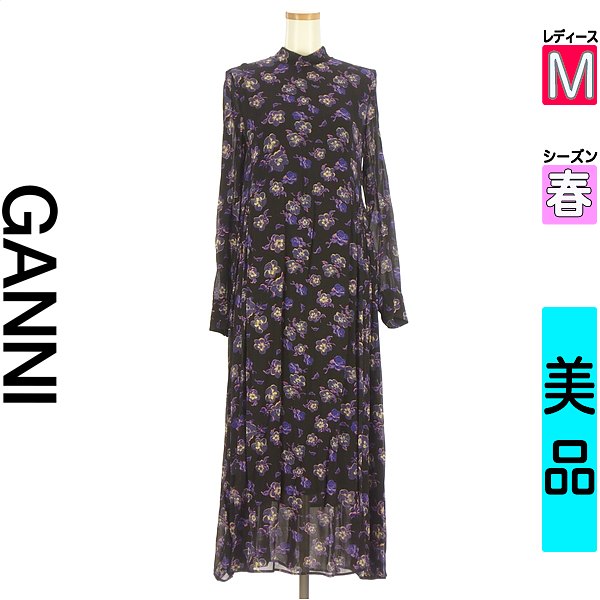 ＼お買い物マラソンP2倍／ ガニー GANNI ワンピース チュニック レディース 春 長袖 ブラック M 花柄シフォンロングワンピース 【中古】【古着】【セール】｜ブランド古着のファレット