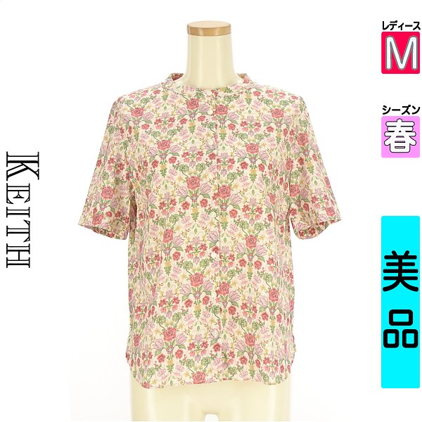 ＼SALE★半額クーポン対象／ キース KEITH ブラウス レディース 春 半袖 ピンク M 花柄バンドカラーブラウス 【中古】【古着】【人気】