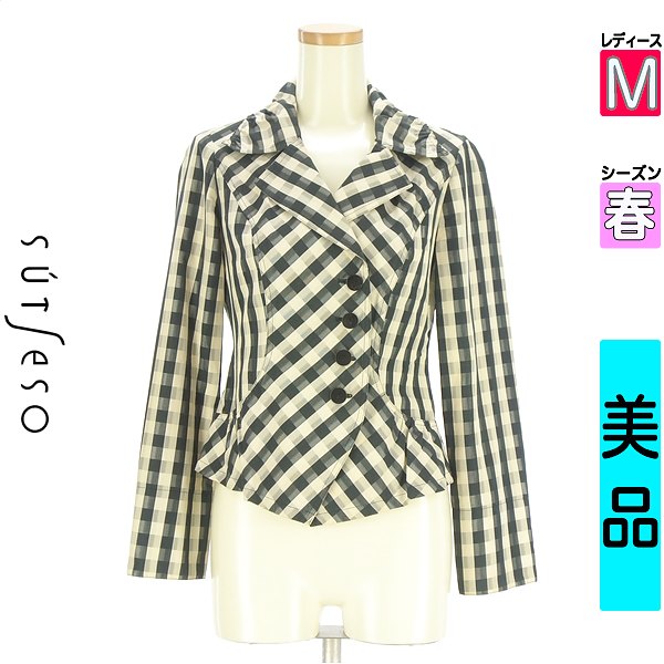 ＼お買い物マラソンP2倍／ スチェッソ SUTSESO ジャケット レディース 春 アイボリー M チェック柄タイトジャケット 【中古】【古着】【セール】｜ブランド古着のファレット